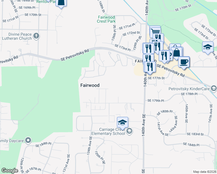 map of restaurants, bars, coffee shops, grocery stores, and more near 17725 134th Lane Southeast in Renton