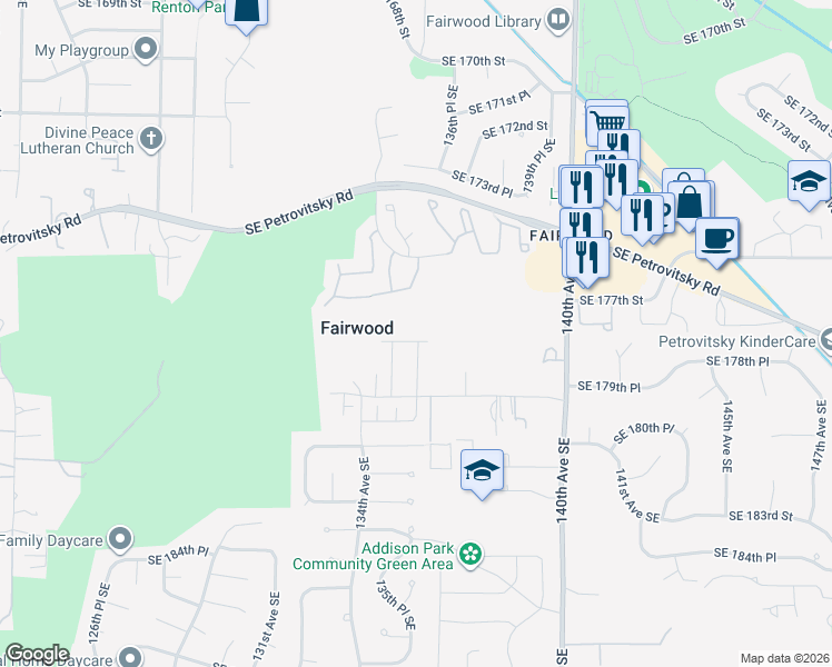 map of restaurants, bars, coffee shops, grocery stores, and more near 13550 Southeast 178th Street in Renton