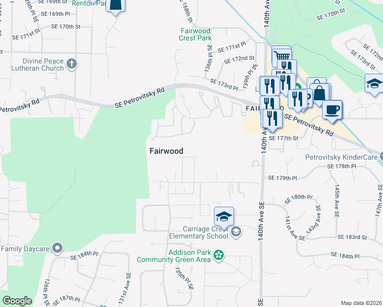 map of restaurants, bars, coffee shops, grocery stores, and more near 13514 Southeast 178th Street in Renton