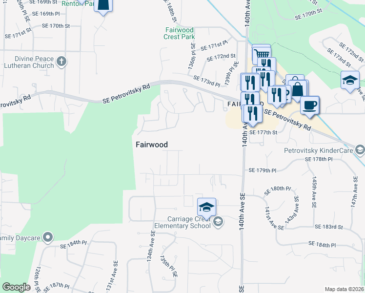 map of restaurants, bars, coffee shops, grocery stores, and more near 17725 134th Lane Southeast in Renton