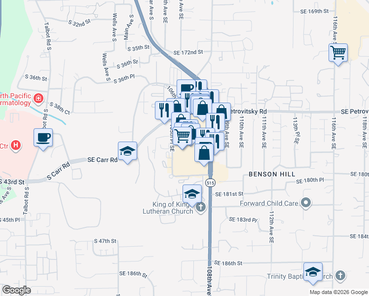 map of restaurants, bars, coffee shops, grocery stores, and more near 17801 108th Avenue Southeast in Renton