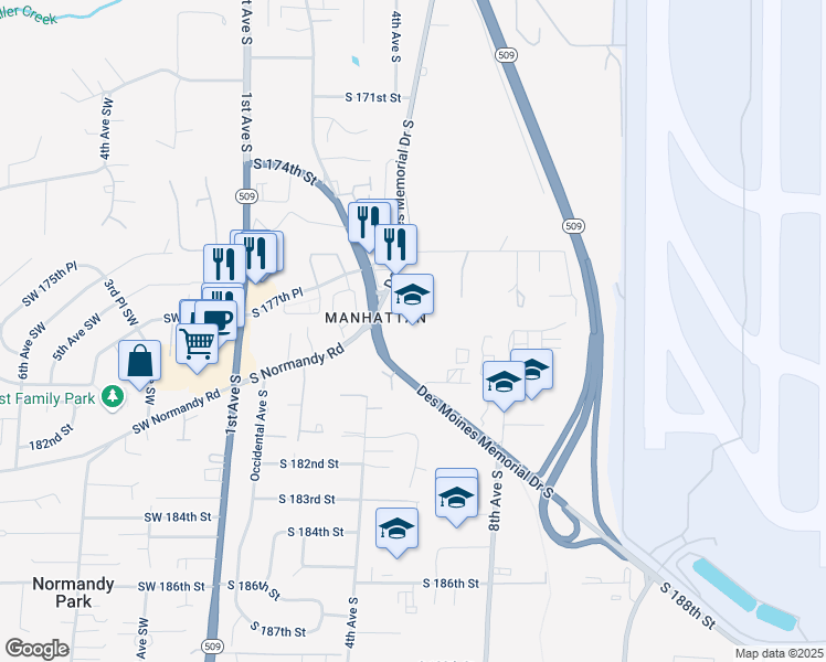 map of restaurants, bars, coffee shops, grocery stores, and more near in Burien
