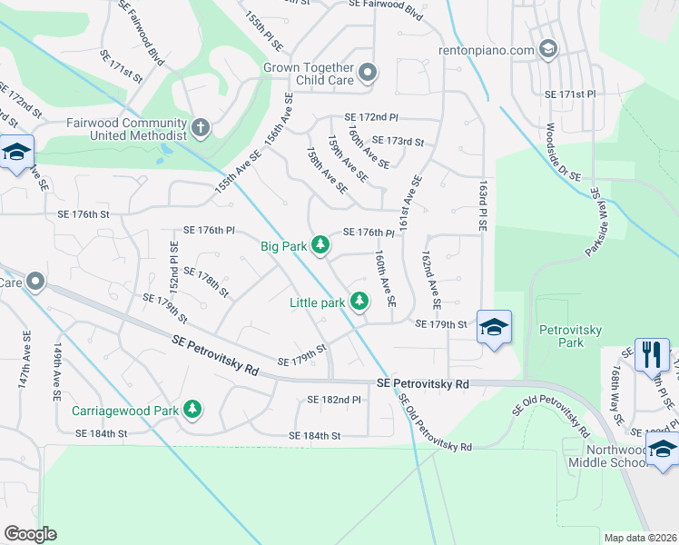 map of restaurants, bars, coffee shops, grocery stores, and more near 15906 Southeast 177th Street in Renton