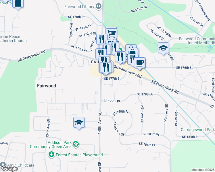 map of restaurants, bars, coffee shops, grocery stores, and more near 14015 Southeast 177th Street in Renton