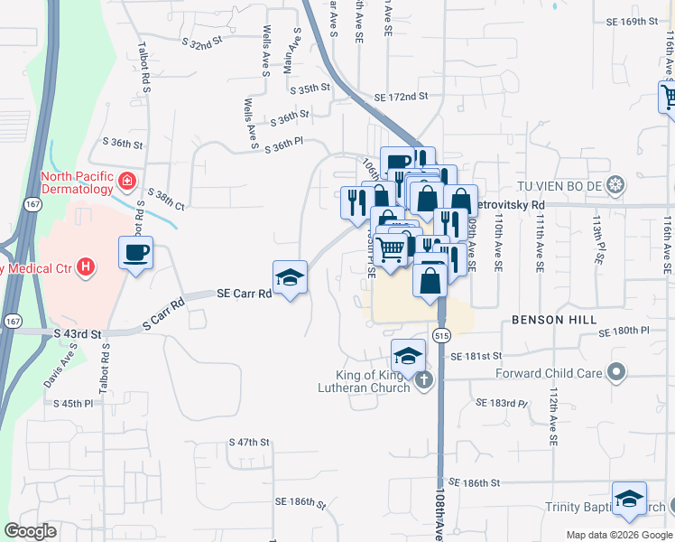 map of restaurants, bars, coffee shops, grocery stores, and more near 17725 105th Place Southeast in Renton