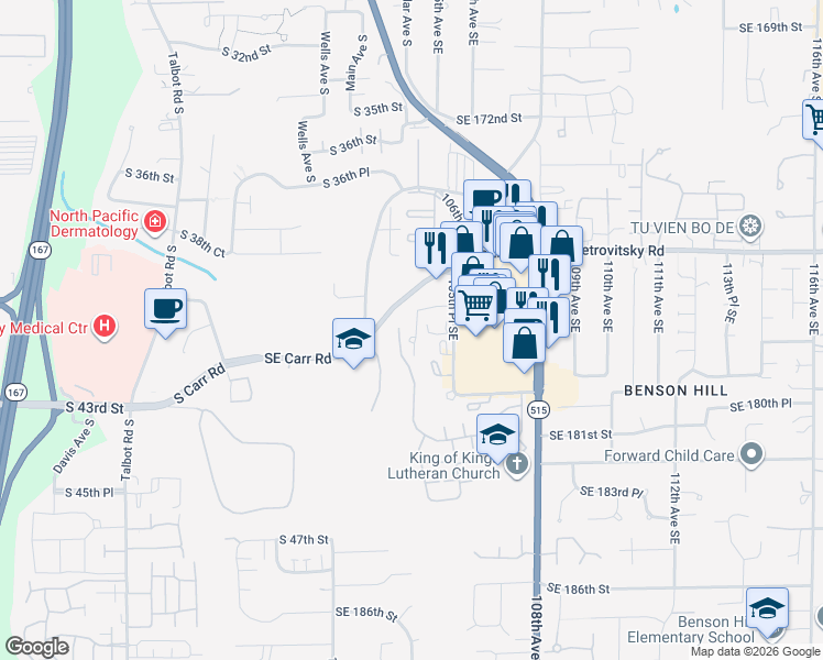 map of restaurants, bars, coffee shops, grocery stores, and more near 17725 105th Place Southeast in Renton