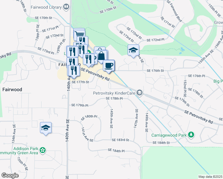 map of restaurants, bars, coffee shops, grocery stores, and more near 14401 Southeast Petrovitsky Road in Renton