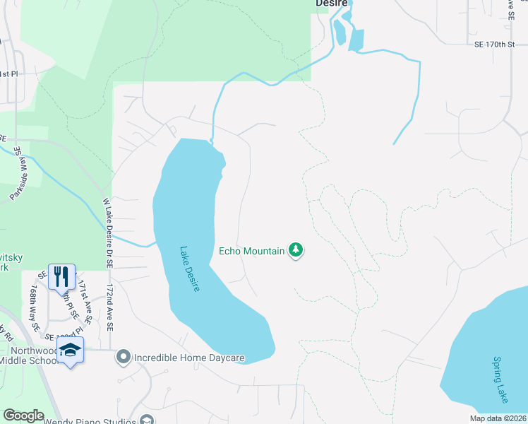 map of restaurants, bars, coffee shops, grocery stores, and more near 17722 East Lake Desire Drive Southeast in Renton