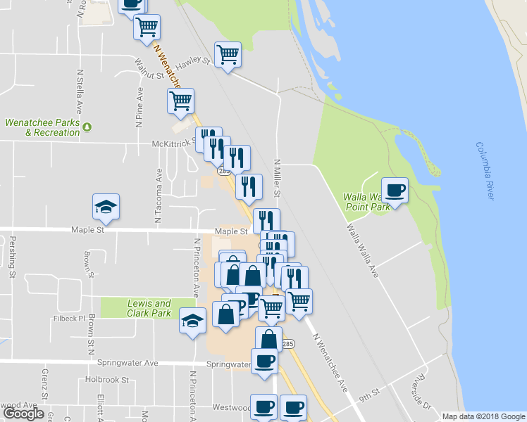 map of restaurants, bars, coffee shops, grocery stores, and more near 1420 North Miller Street in Wenatchee