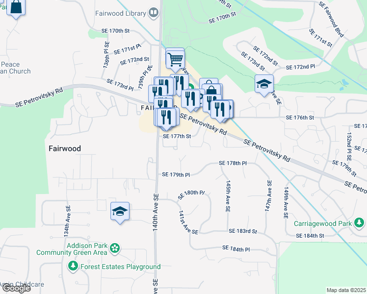 map of restaurants, bars, coffee shops, grocery stores, and more near 14109 Southeast 177th Street in Renton