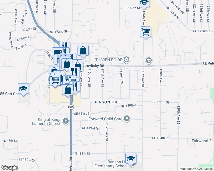 map of restaurants, bars, coffee shops, grocery stores, and more near 17737 112th Avenue Southeast in Renton