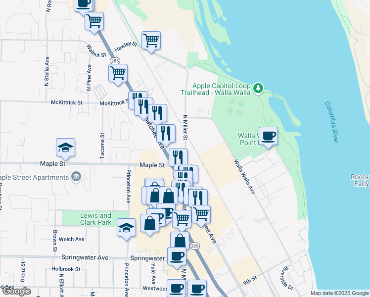 map of restaurants, bars, coffee shops, grocery stores, and more near 1420 North Miller Street in Wenatchee