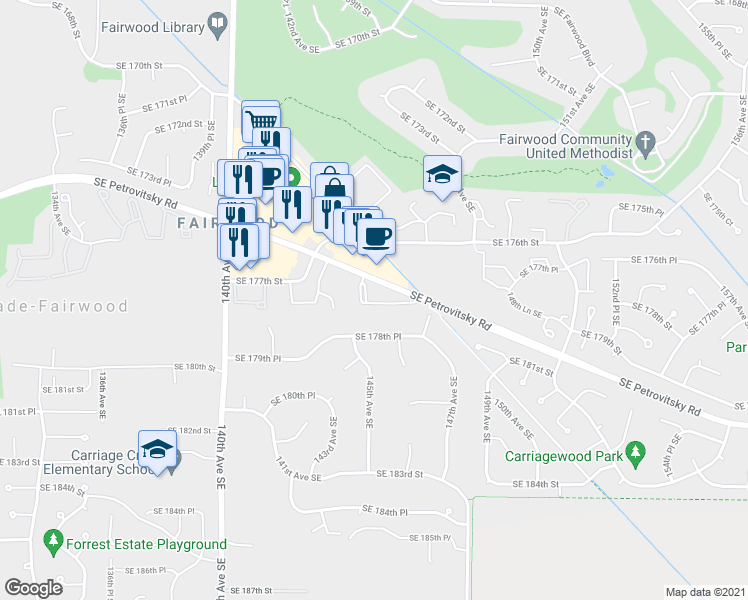 map of restaurants, bars, coffee shops, grocery stores, and more near 14401 Southeast Petrovitsky Road in Renton