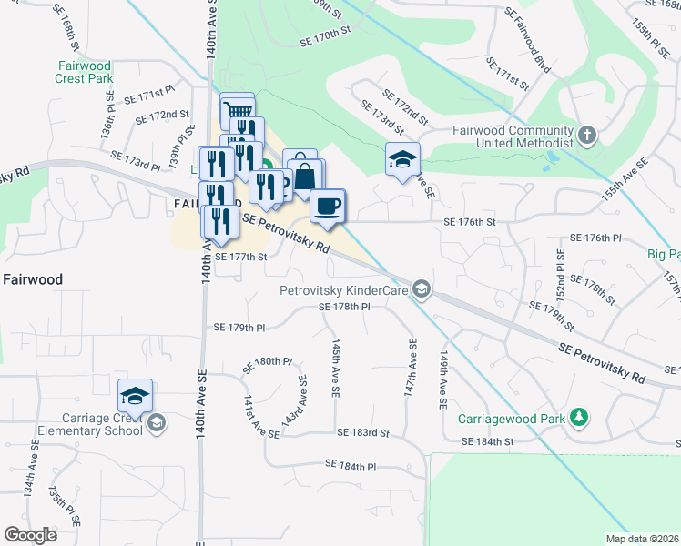 map of restaurants, bars, coffee shops, grocery stores, and more near 14401 Southeast Petrovitsky Road in Renton