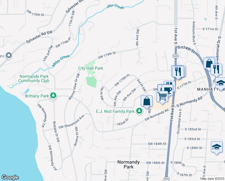 map of restaurants, bars, coffee shops, grocery stores, and more near 625 Southwest 175th Place in Normandy Park