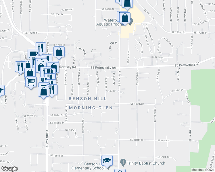 map of restaurants, bars, coffee shops, grocery stores, and more near 17728 114th Place Southeast in Renton