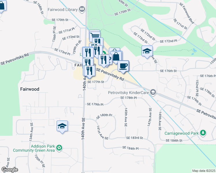 map of restaurants, bars, coffee shops, grocery stores, and more near 14121 Southeast 177th Street in Renton