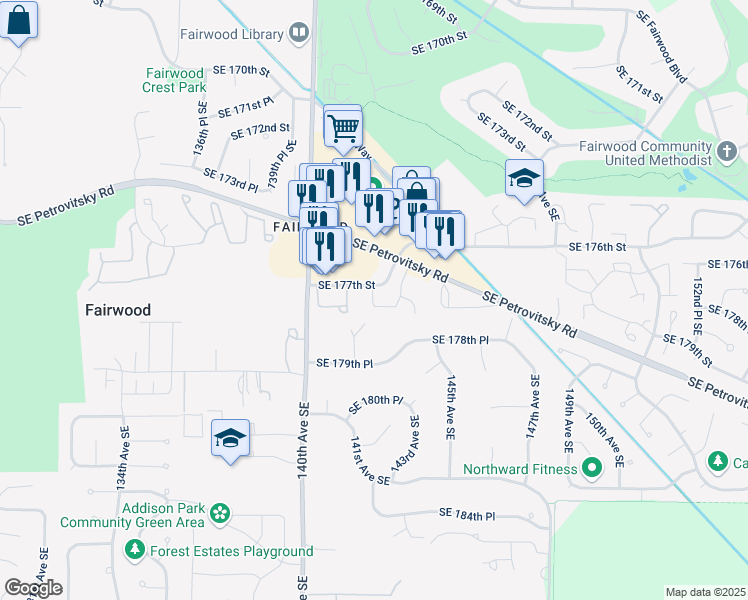 map of restaurants, bars, coffee shops, grocery stores, and more near 14201 Southeast 177th Street in Renton