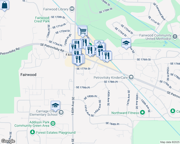 map of restaurants, bars, coffee shops, grocery stores, and more near 14201 Southeast 177th Street in Renton