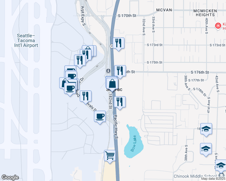 map of restaurants, bars, coffee shops, grocery stores, and more near 17801 International Boulevard in Seattle
