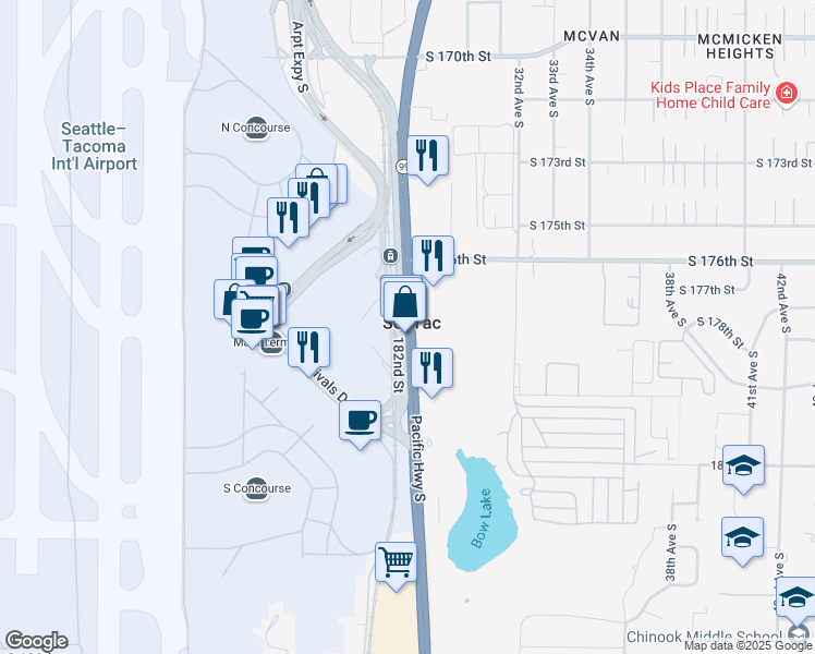 map of restaurants, bars, coffee shops, grocery stores, and more near 17801 Pacific Highway South in SeaTac