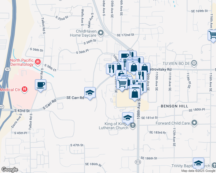 map of restaurants, bars, coffee shops, grocery stores, and more near 17725 105th Place Southeast in Renton
