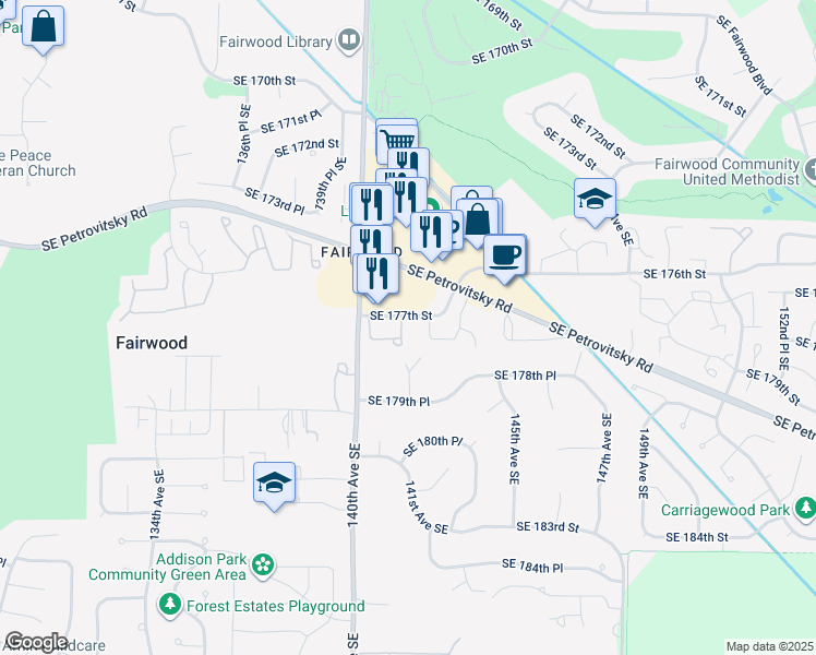 map of restaurants, bars, coffee shops, grocery stores, and more near 14109 Southeast 177th Street in Renton