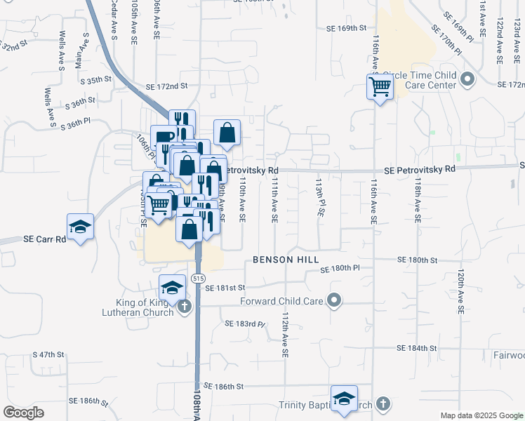 map of restaurants, bars, coffee shops, grocery stores, and more near 17768 110th Place Southeast in Renton