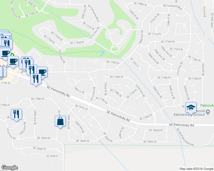 map of restaurants, bars, coffee shops, grocery stores, and more near 17634 152nd Place Southeast in Renton