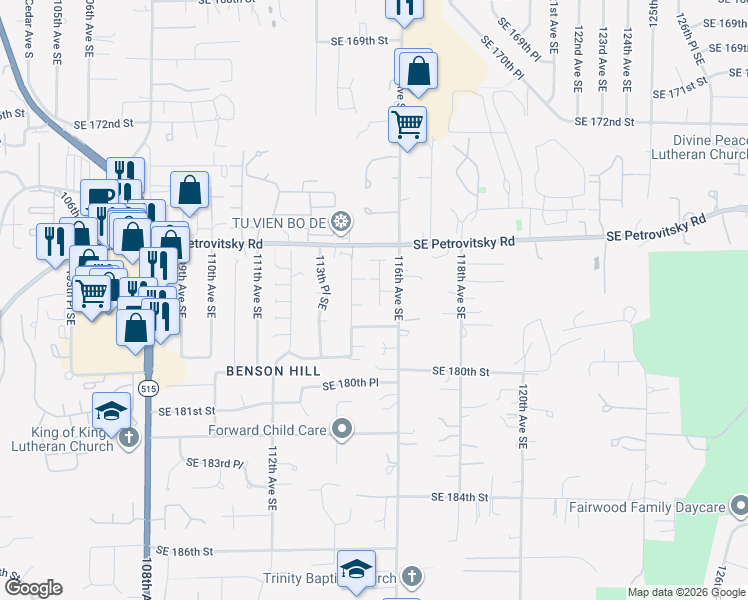 map of restaurants, bars, coffee shops, grocery stores, and more near 17725 115th Place Southeast in Renton