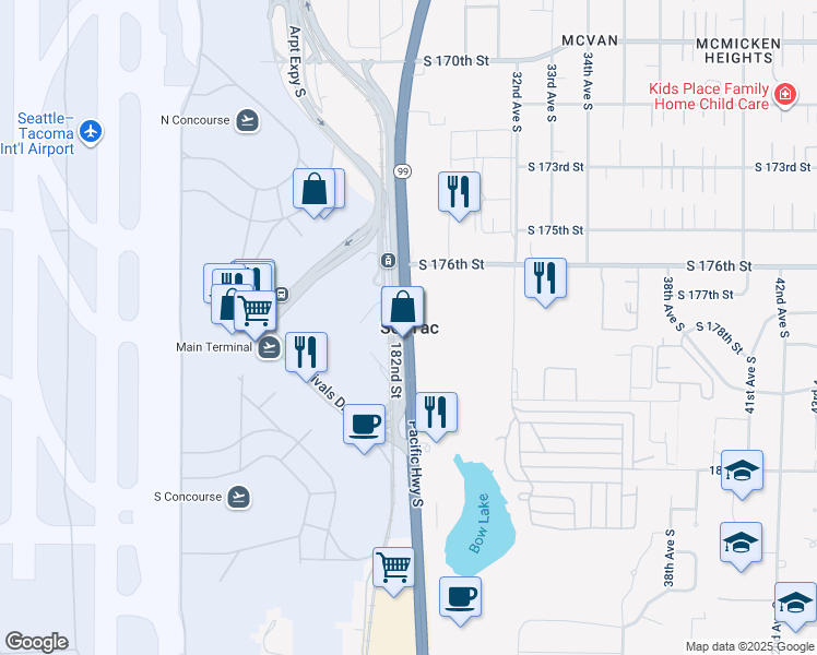 map of restaurants, bars, coffee shops, grocery stores, and more near in SeaTac