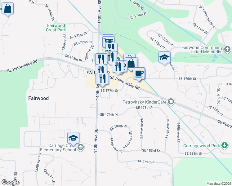 map of restaurants, bars, coffee shops, grocery stores, and more near 14121 Southeast 177th Street in Renton