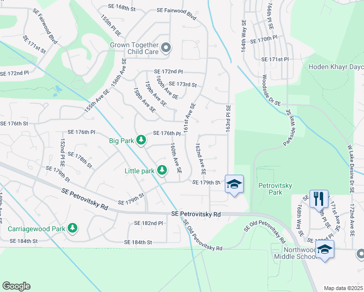 map of restaurants, bars, coffee shops, grocery stores, and more near 17625 161st Avenue Southeast in Renton
