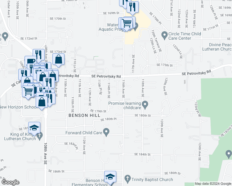map of restaurants, bars, coffee shops, grocery stores, and more near 17725 115th Place Southeast in Renton