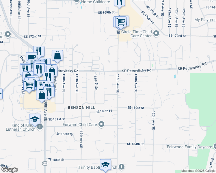 map of restaurants, bars, coffee shops, grocery stores, and more near 17725 115th Place Southeast in Renton
