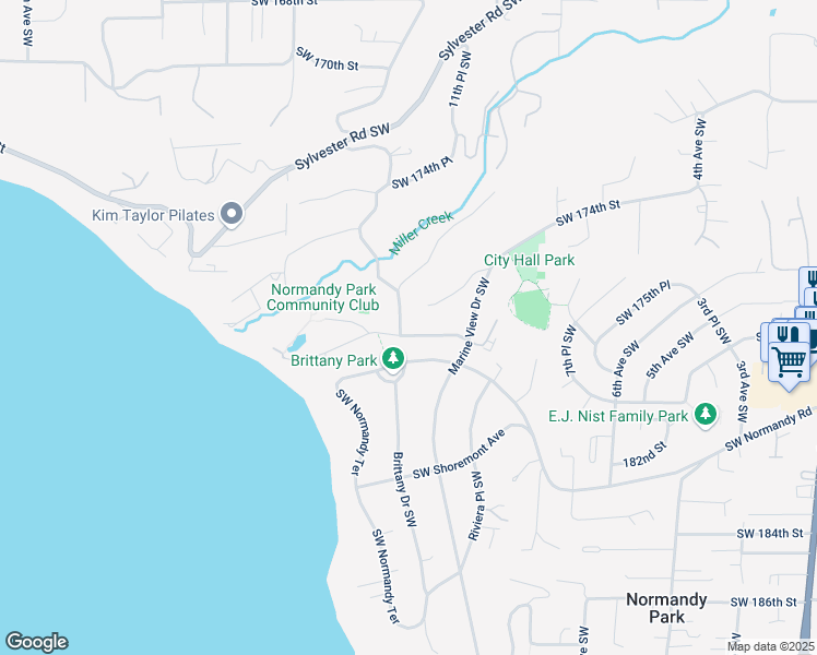 map of restaurants, bars, coffee shops, grocery stores, and more near 1140 Southwest Shorebrook Drive in Normandy Park