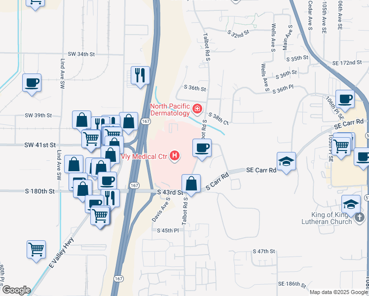 map of restaurants, bars, coffee shops, grocery stores, and more near 4009 Talbot Road South in Renton