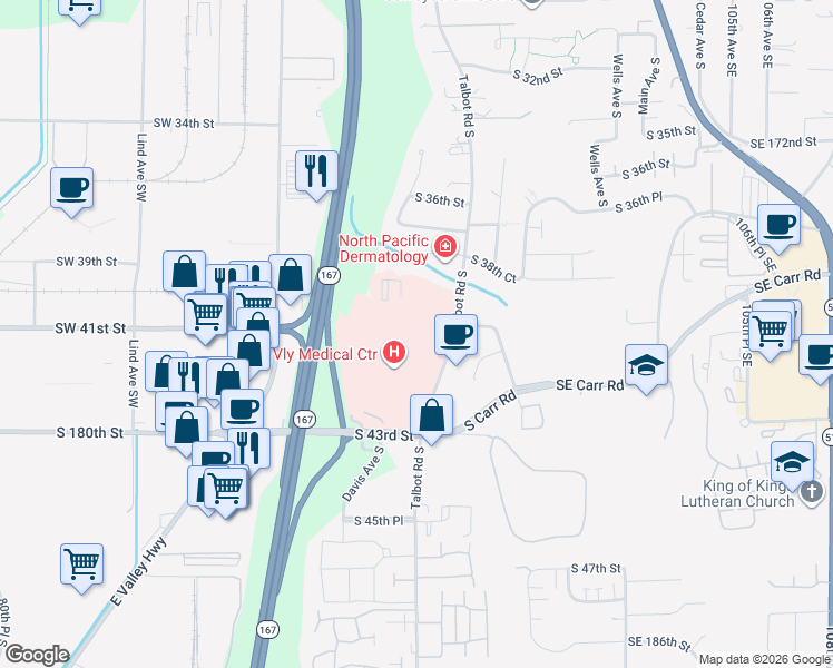 map of restaurants, bars, coffee shops, grocery stores, and more near 4009 Talbot Road South in Renton