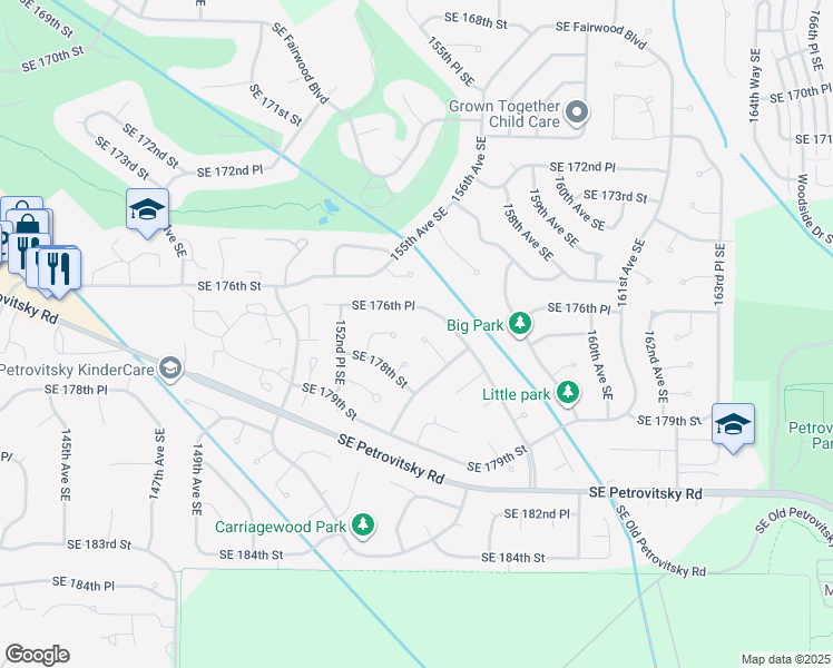 map of restaurants, bars, coffee shops, grocery stores, and more near 17631 156th Avenue Southeast in Renton
