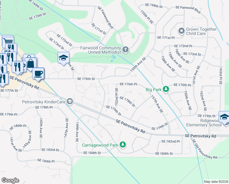 map of restaurants, bars, coffee shops, grocery stores, and more near 17634 152nd Place Southeast in Renton