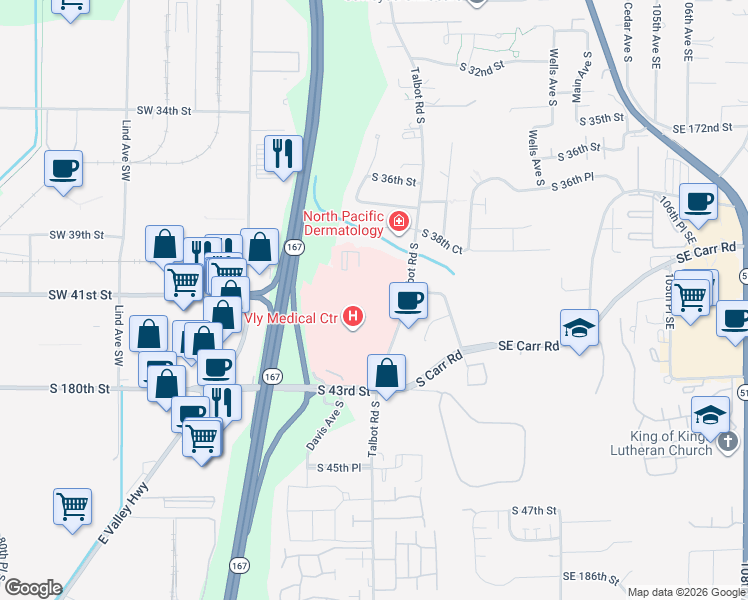 map of restaurants, bars, coffee shops, grocery stores, and more near 4011-4107 Talbot Rd S in Renton