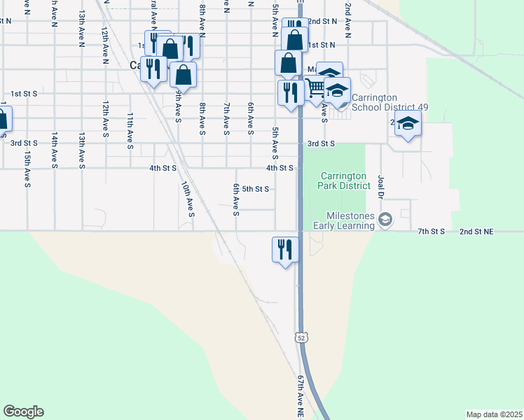 map of restaurants, bars, coffee shops, grocery stores, and more near 560 6th Street South in Carrington