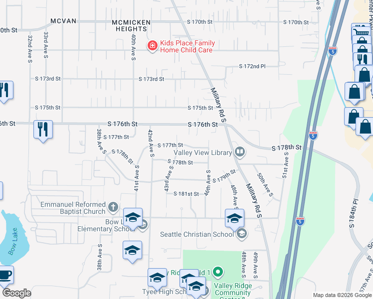 map of restaurants, bars, coffee shops, grocery stores, and more near 4319 South 177th Street in SeaTac