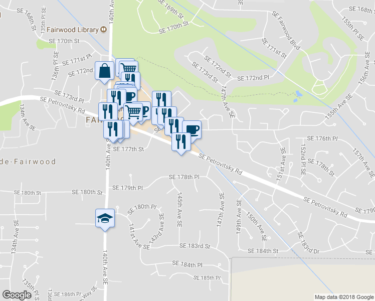 map of restaurants, bars, coffee shops, grocery stores, and more near 14701 Southeast Petrovitsky Road in Renton