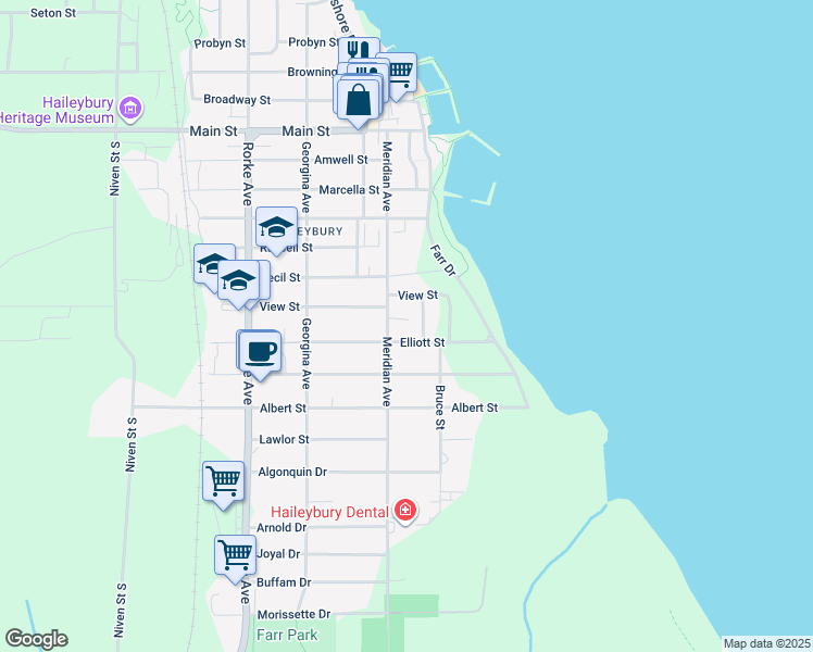 map of restaurants, bars, coffee shops, grocery stores, and more near 315 Elliot Street in Temiskaming Shores