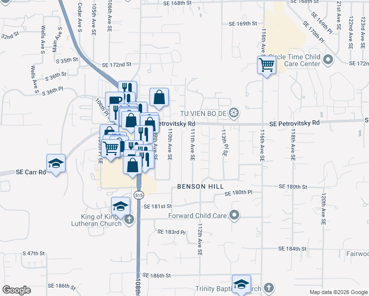 map of restaurants, bars, coffee shops, grocery stores, and more near 17768 110th Place Southeast in Renton