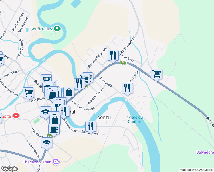 map of restaurants, bars, coffee shops, grocery stores, and more near 60 Rue des Cedres in Baie-Saint-Paul