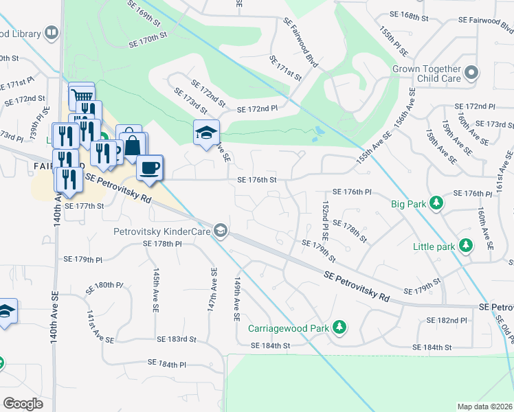 map of restaurants, bars, coffee shops, grocery stores, and more near 17700 149th Lane Southeast in Renton