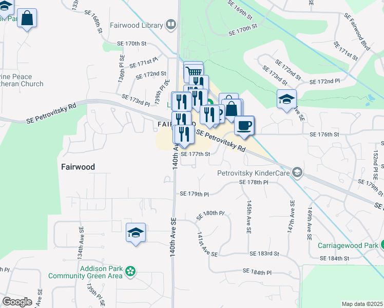 map of restaurants, bars, coffee shops, grocery stores, and more near 14000 Southeast 177th Street in Renton