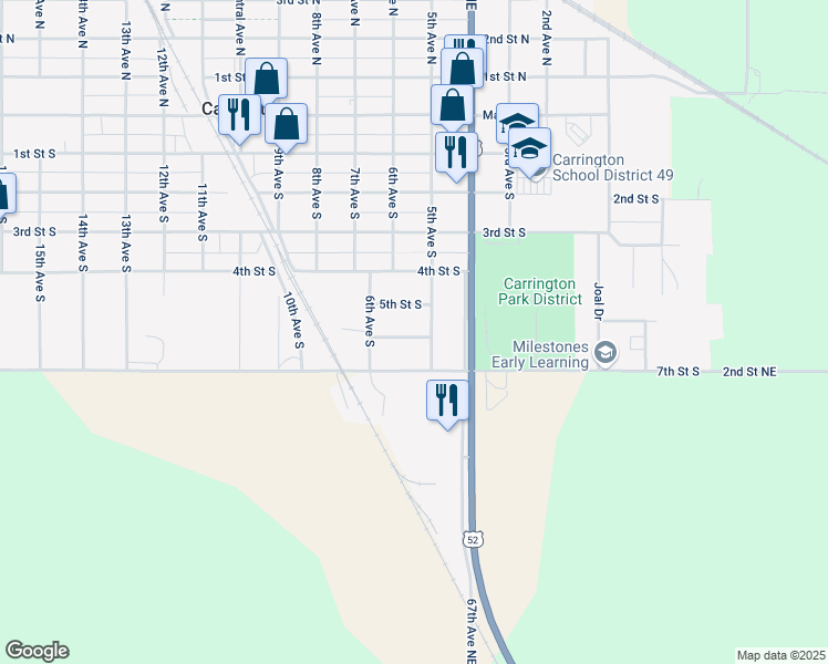 map of restaurants, bars, coffee shops, grocery stores, and more near 560 6th Street South in Carrington
